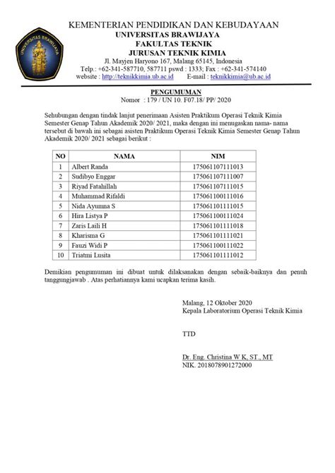 Daftar Nama Asisten Praktikum Operasi Teknik Kimia Semester Ganjil Ta