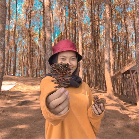 Premium Photo Portrait Of Woman Holding Pine Cone Against Trees In Forest