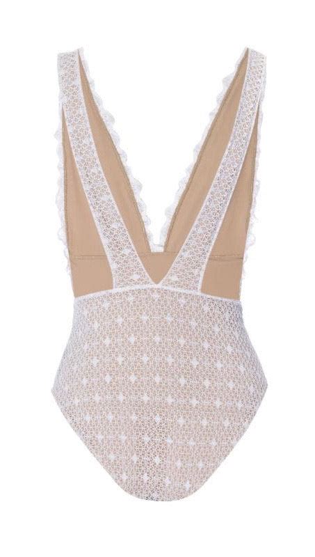 Nightcap Net Mesh Deep V Plunge One Piece Lace Swim Dove White Shopaa