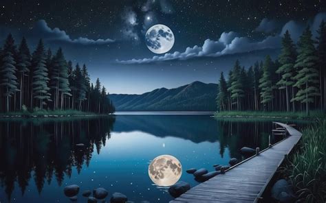 Premium AI Image Moon Light At Lake Shining Moon At Night Woods Stars