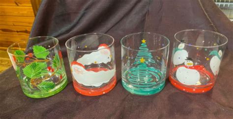 Holiday Low Ball Drinking Glasses Tumblers Christmas Theme 12 Oz Set Of 4 Ebay