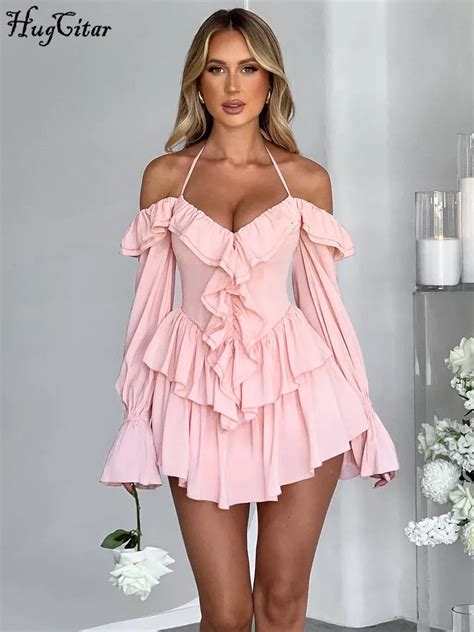 Hugcitar Halter Slash Neck Solid Long Sleeve Ruffles Lace Up Pleated