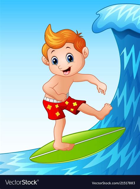 Cartoon Boy Playing Surfboard With Big Waves Vector Image Waves