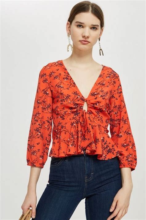 Red Floral Ruched Front Top Topshop Floral Print Blouses Topshop Outfit Womens Fashion Edgy