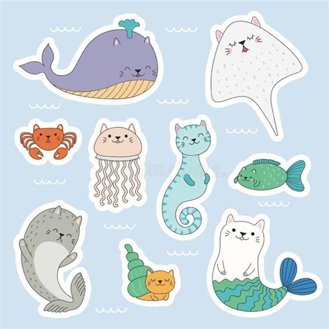 Sistema De Las Etiquetas Engomadas De Los Gatos Del Mar De Kawaii