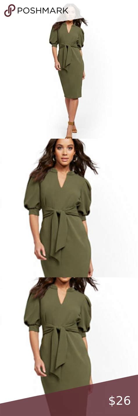 Nwot Puff Sleeve Belted Sheath Dress Sage Sheath Dress Puff Sleeve