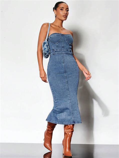 SHEIN BAE Split Back Tube Denim Dress SHEIN USA