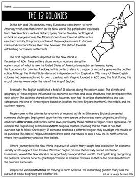 Thirteen Colonies Reading Passage By Dual Language Designs TPT