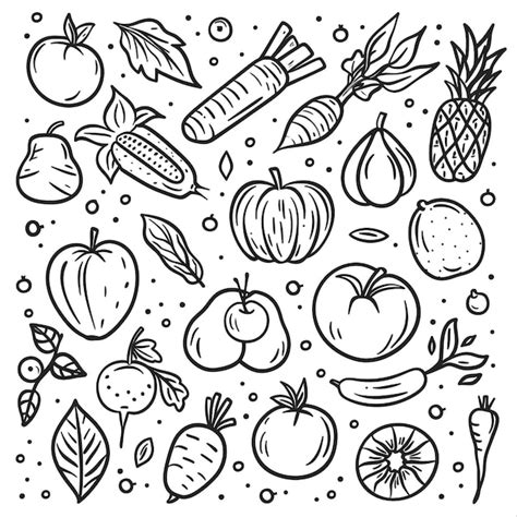 small black  white drawings  fruits  vegetables fruits