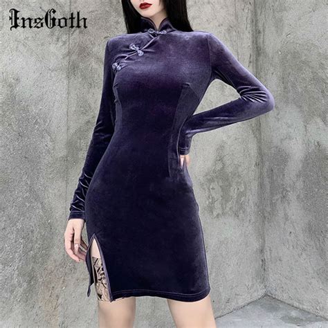 Insgoth Vintage Goth Velvet Purple Dress Gothic Bodycon High Waist