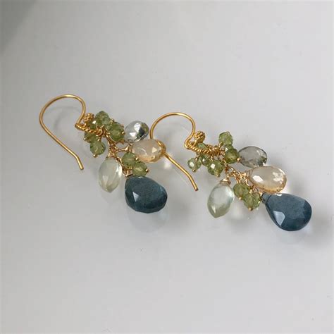 Semiprecious Gemstone Earrings In Gold With Moss Aquamarine Peridot