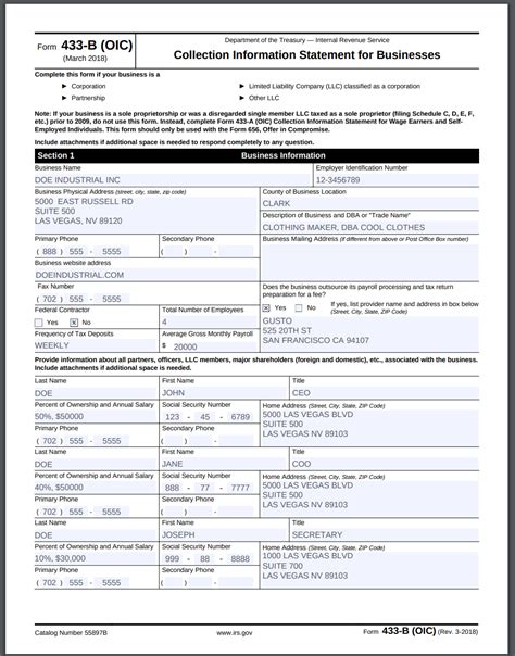 IRS Form 433 B OIC 2018 Version Instructions Business Offer In