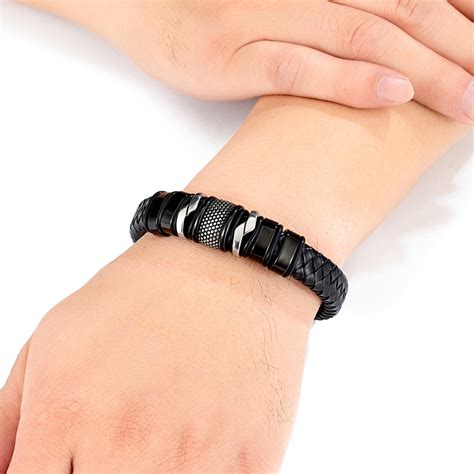 Bracelet En Cuir Noir Pour Homme Corde Tress E En Acier Inoxydable