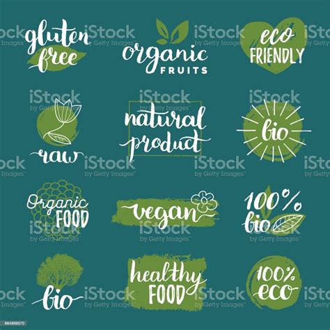 Vector Eco Organic Bio Signs Vegan Raw Healthy Food Badges Tags Set For