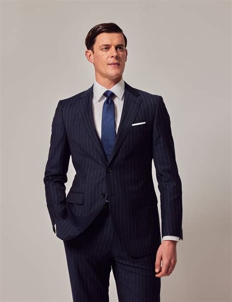 Men S Navy Chalk Stripe Slim Fit Suit Hawes Curtis