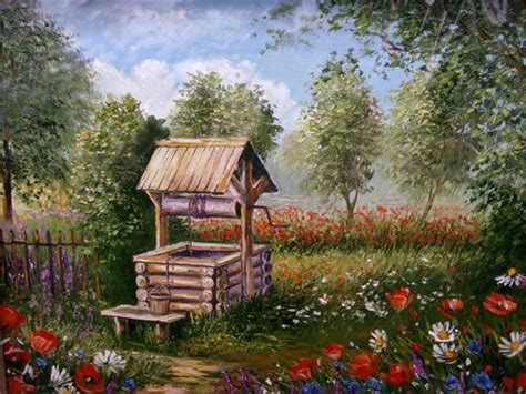 Wishing Well Flower Garden Well Wishing Painting Hd Wallpaper Pxfuel