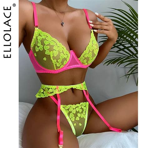 Ellolace Neon Lace Lingerie Sexy Underwear Heart Shaped Embroidery