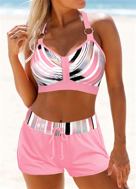 Metal Ring Geometric Print Pink Bikini Top Modlily Usd