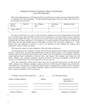 Indemnity Bond For Duplicate Share Certificates Form Fill Out And