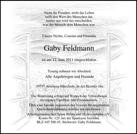 Traueranzeigen Von Gaby Feldmann Trauer In NRW De