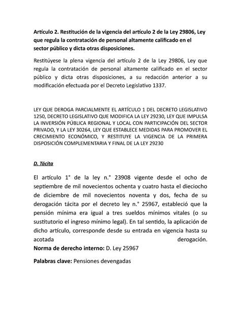 Derogacion Expresa Y Tacita Artículo 2 Restitución De La Vigencia Del Artículo 2 De La Ley