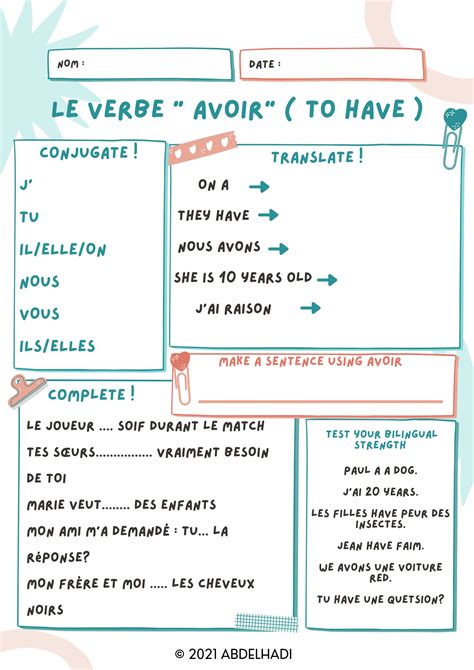 Solution French Verb Avoir Worksheet Le Verbe Avoir Au Pr Sent De L