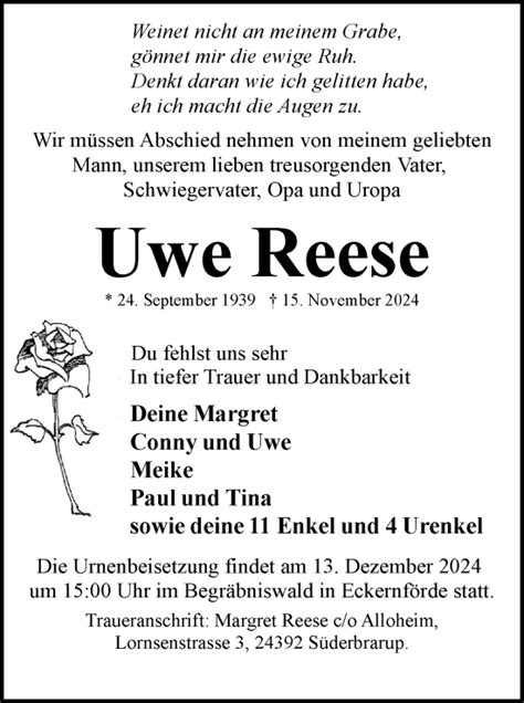 Traueranzeigen Von Uwe Reese Sh Z Trauer