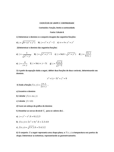 Exercícios De Limite E Continuidade Cálculo 2 Pdf Função