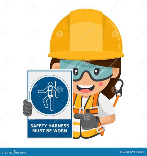 Construction Woman Industrial Worker With Safety Harness Mandatory Use