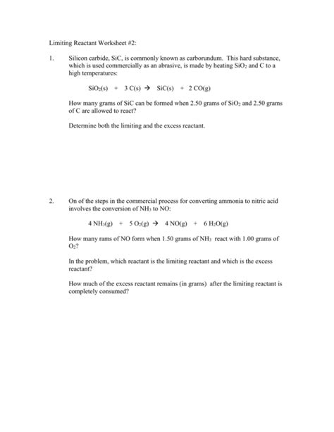 Limiting And Excess Reactant Worksheet