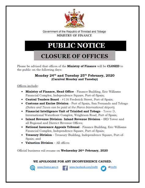 public notice ministry  finance closure  offices ministry