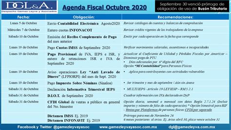 Octubre 2020 Agenda De Obligaciones Fiscales Laborales Y De Seguridad