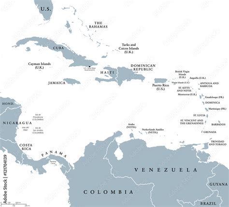 The Caribbean countries political map with national borders. The ...