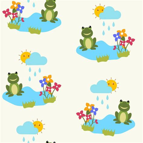 Repeat-less Cartoon Frog With Flowers And Sun Behind Rain Clouds On ...