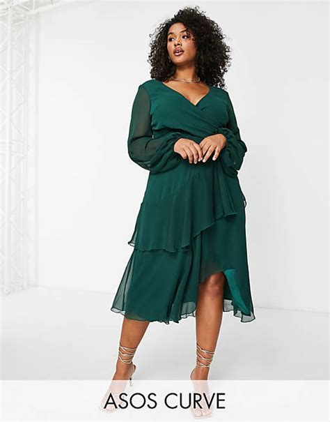 Asos Design Curve Wrap Waist Midi Dress With Double Layer Skirt In