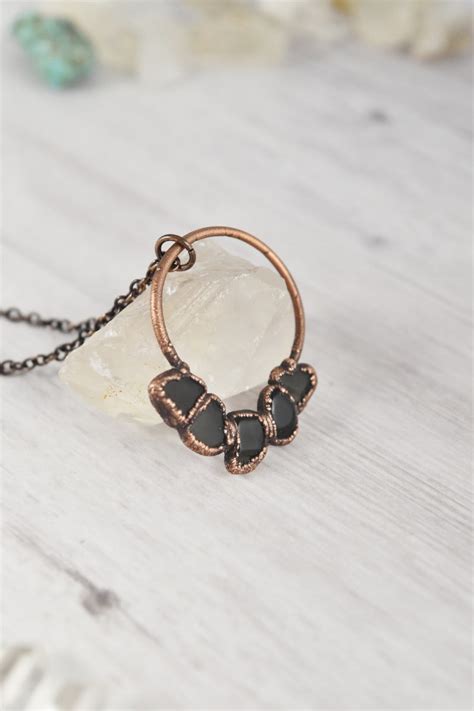 Raw Black Obsidian Necklace Gemstone Pendant Necklace Healing Crystal Necklace Copper Stone