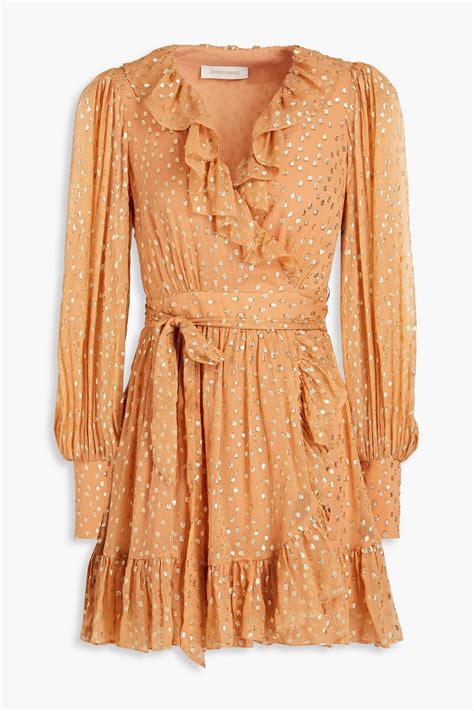 Zimmermann Ruffled Metallic Fil Coupé Silk Blend Crepon Mini Wrap Dress