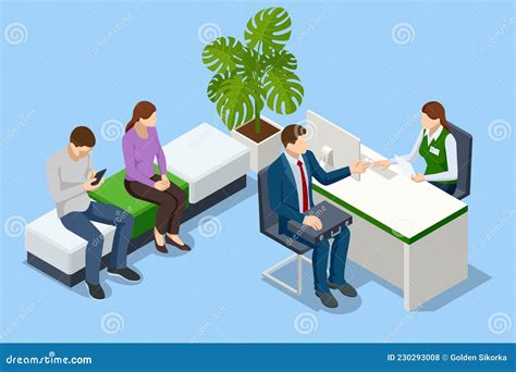 Isometric Bank Office Bank Employees Sitting Behind Tables And Serving Bank Customers Stock