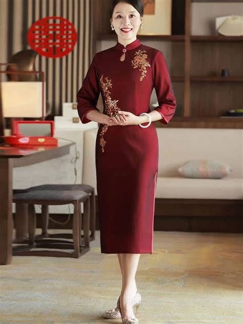 Red Bridal Mothers Mid Tea Winter Qipao Cheongsam Dress Cozyladywear