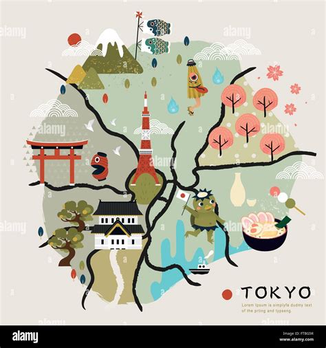 lovely Japan walking map with famous attractions and folklore Stock ...