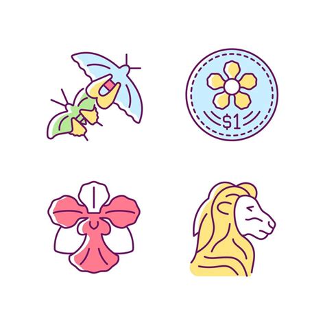 National animal and flower of Singapore RGB color icons set. Coins design. Butterfly species ...