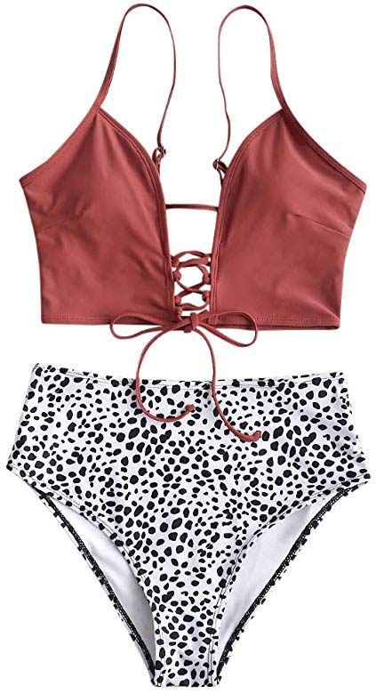 Amazon Zaful Women Dalmatian Dot Lace Up Bikini Set High Waisted