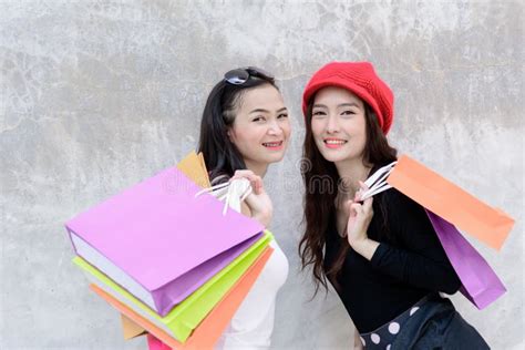 Duo Asian Portrait Girl Has Happy And Smiling With Shopping Colo Stock