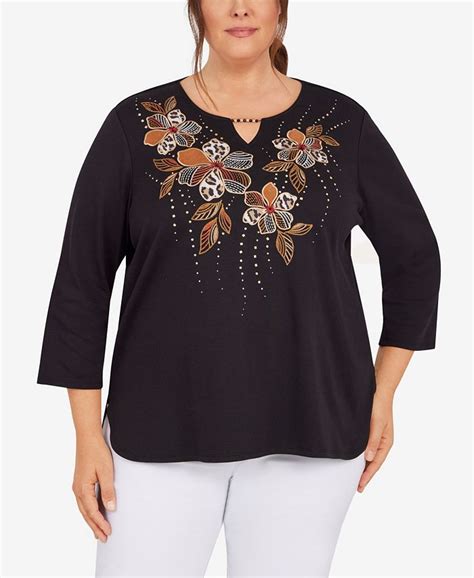 Alfred Dunner Plus Size Madacascar Beaded Split Neck 3 4 Sleeve Top