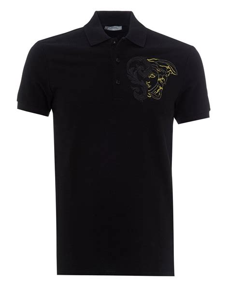 Versace Cotton Embroidered Half Medusa Polo Black Polo Shirt For Men