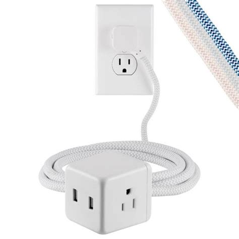 Cordinate 3 Outlet 2 Usb 5ft Braided Extension Cord Cube White