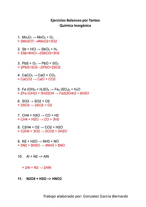 Ejercicios Balanceo Por Tanteo Ejercicios Balanceo Por Tanteo Química