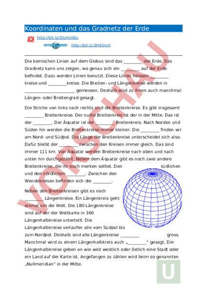 Arbeitsblatt Gradnetz Der Erde Geographie Kartographie Gradnetz