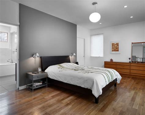 grey bright wooden bedroom | Gray accent wall bedroom, Mid century
