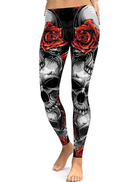 Red Rose Printed Halloween Skeleton Plus Size Sugar Skull Leggings Plus Trendy